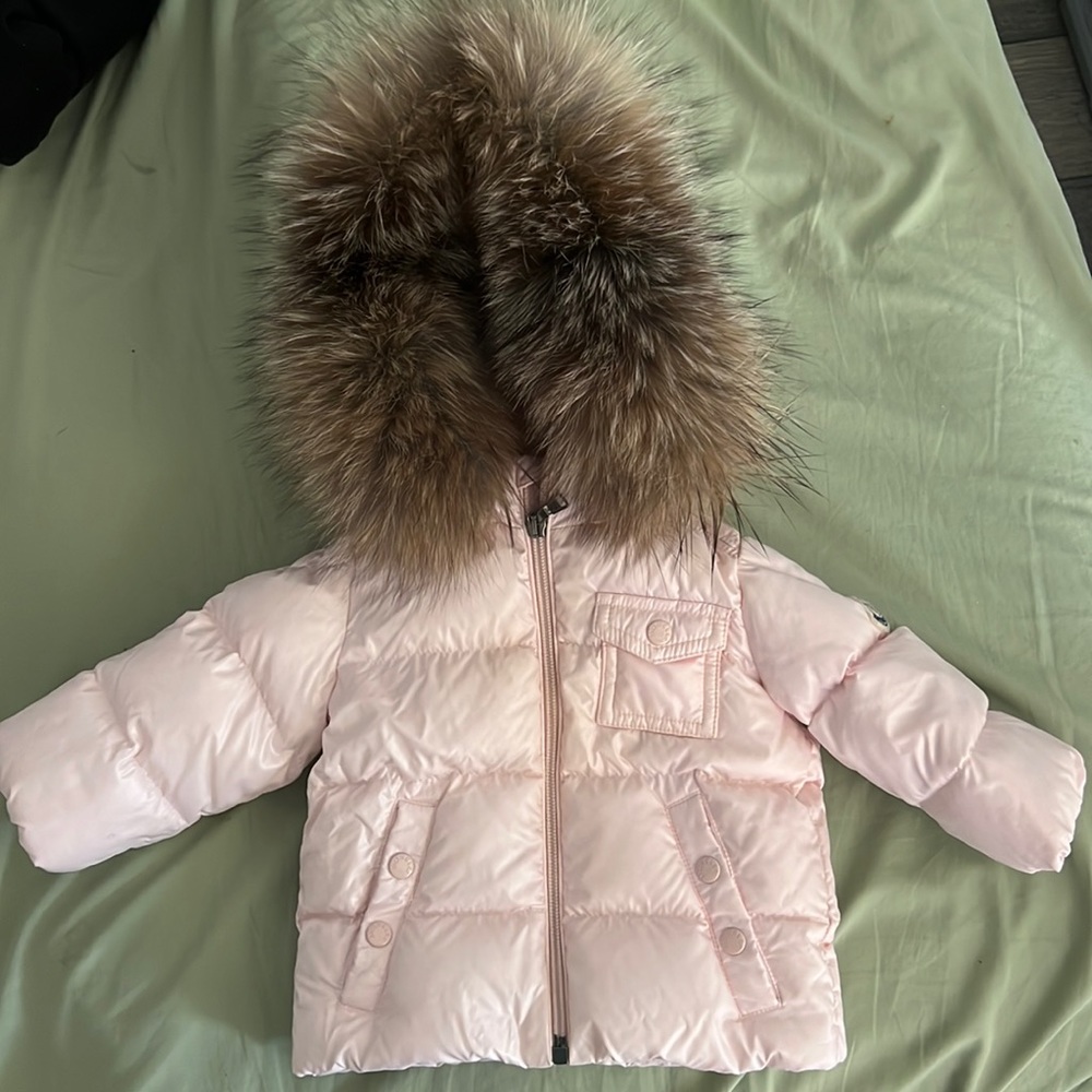 Light Pink Moncler Coat with Fur Hood.